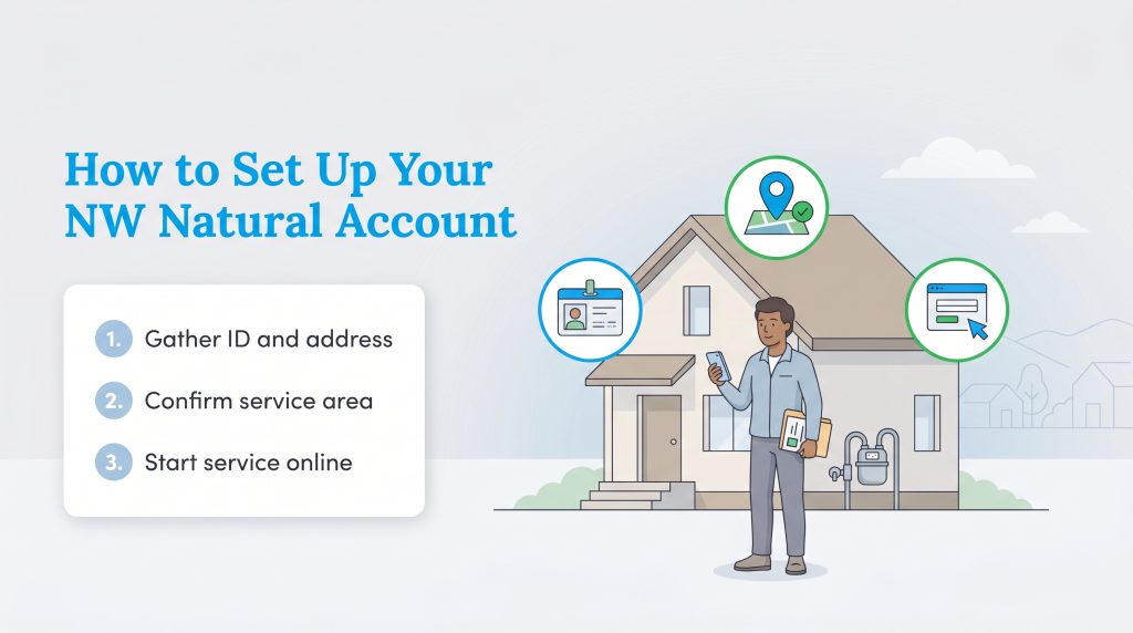 Infographic on how to set up an NW Natural account: 1. Gather ID and address, 2. Confirm service area, 3. Start service online.