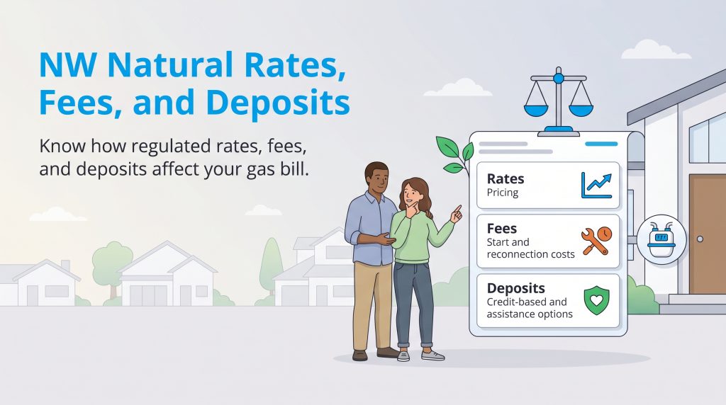 Illustration of a couple reviewing NW Natural gas rates, fees, and deposit information.
