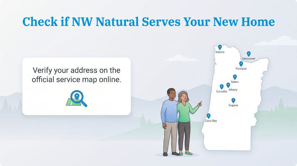 An illustration of a couple and a map showing NW Natural's service cities in the Pacific Northwest.
