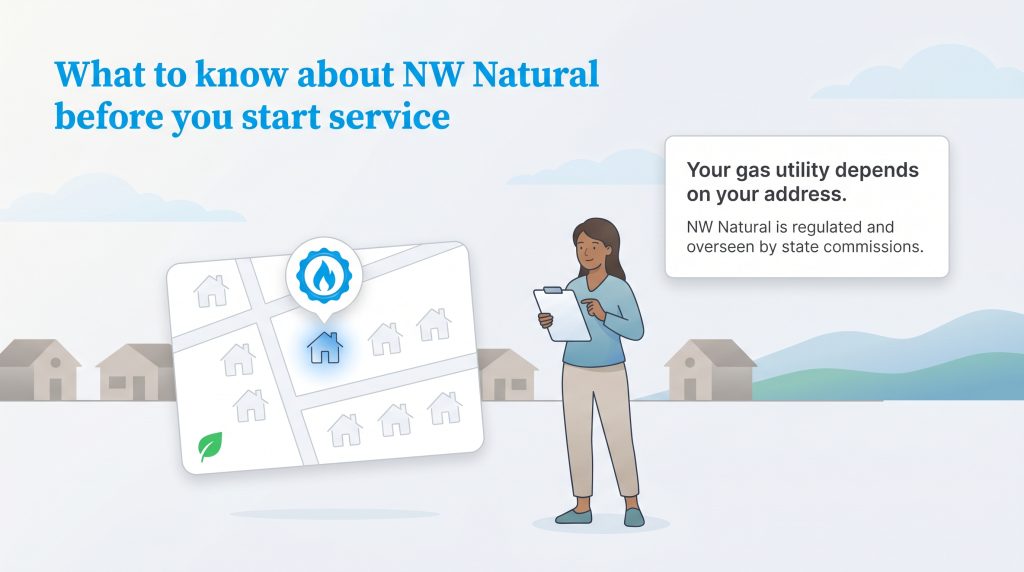 Illustration of a woman with a map, stating gas utility depends on address and NW Natural is regulated.