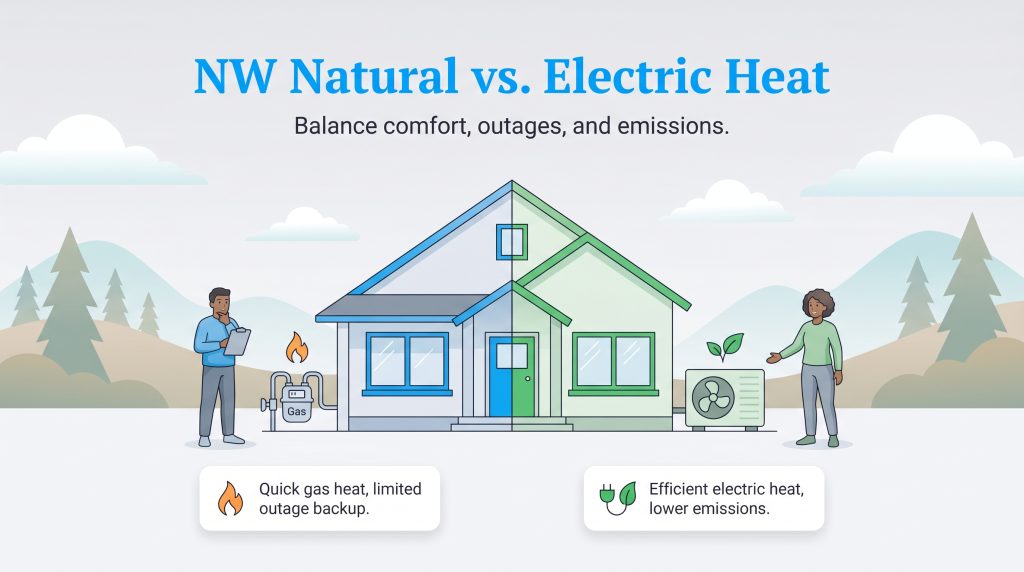 Split-house illustration comparing natural gas heat on the left versus electric heat pumps on the right.