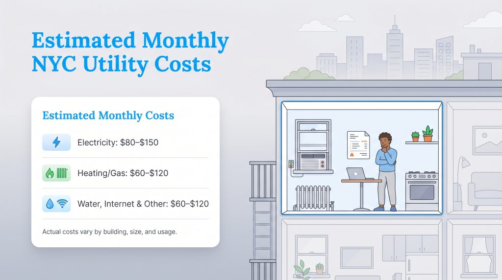 Infographic showing estimated monthly NYC utility costs for electricity, heating/gas, and other services.