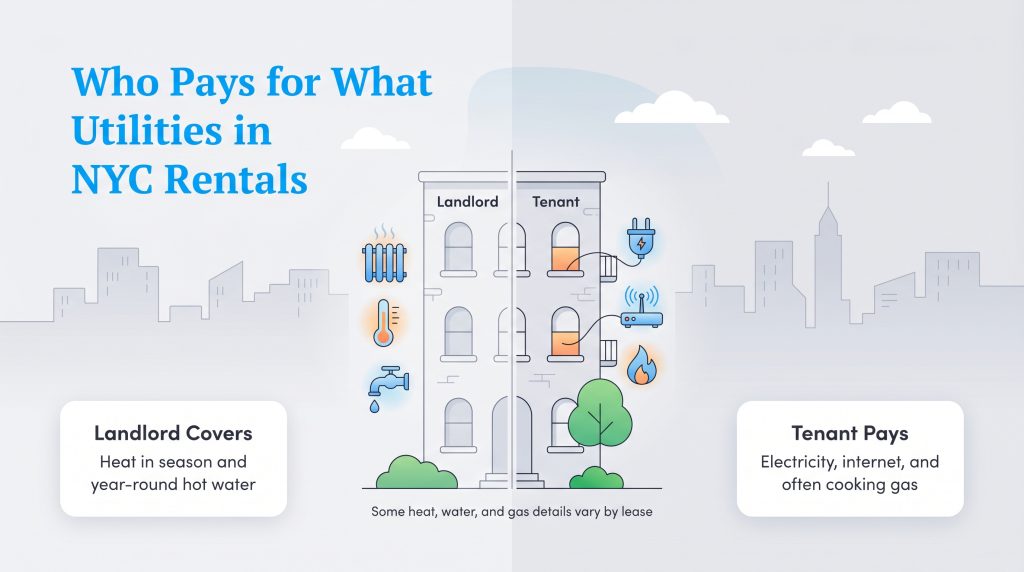 Illustration split between landlord and tenant responsibilities for heat, water, electricity, and gas in NYC rentals.