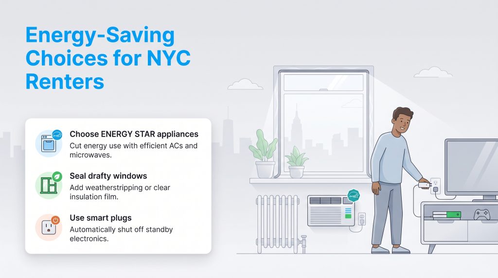 Infographic displaying energy-saving tips for NYC renters for appliances, windows, and electronics.