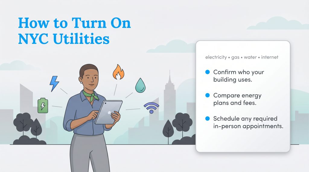 A person uses a tablet in an NYC setting, next to a checklist for turning on utilities like electricity, gas, water, and internet.