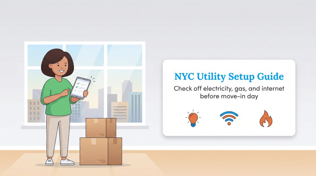 A woman checks a tablet next to moving boxes, with an NYC Utility Setup Guide panel beside her.