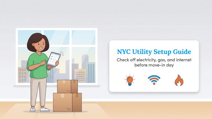 A woman checks a tablet next to moving boxes, with an NYC Utility Setup Guide panel beside her.