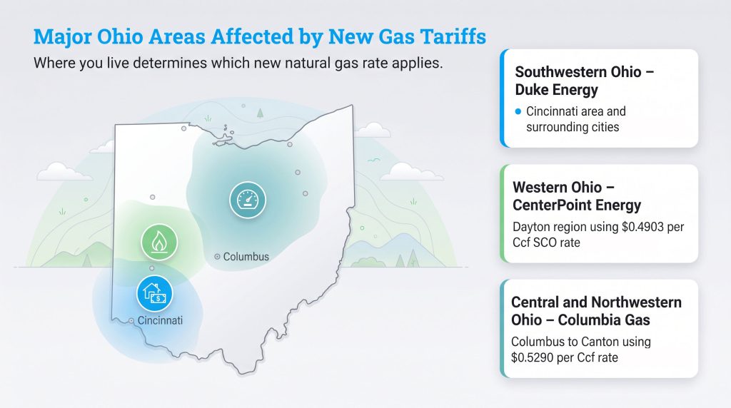 Map of Ohio showing three regions affected by new gas tariffs from Duke, CenterPoint, and Columbia Gas.