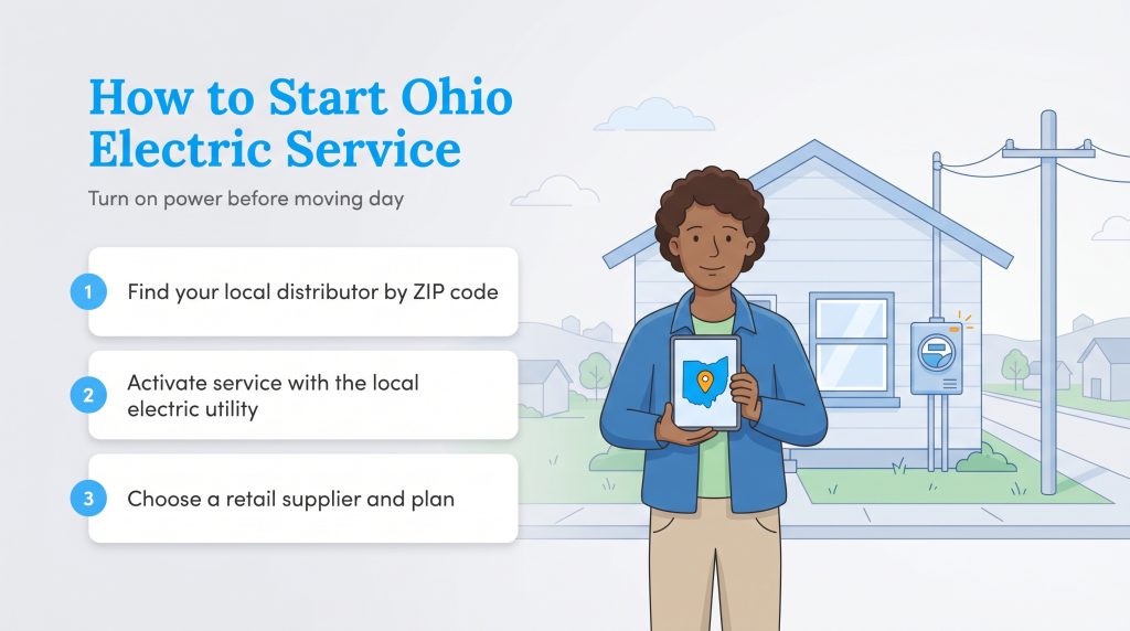 Three-step infographic for starting Ohio electric service: find distributor, activate service, and choose a supplier.