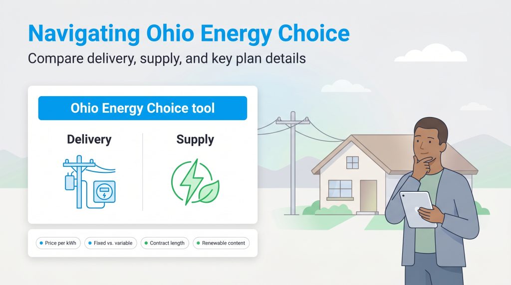 Infographic illustrating the Ohio Energy Choice program, showing the split between delivery and supply services, and listing key plan comparison factors.