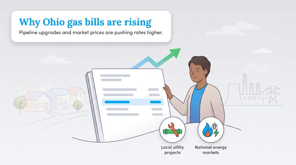 An infographic with a person looking at a rising gas bill, explaining that pipeline upgrades and market prices are increasing rates in Ohio.