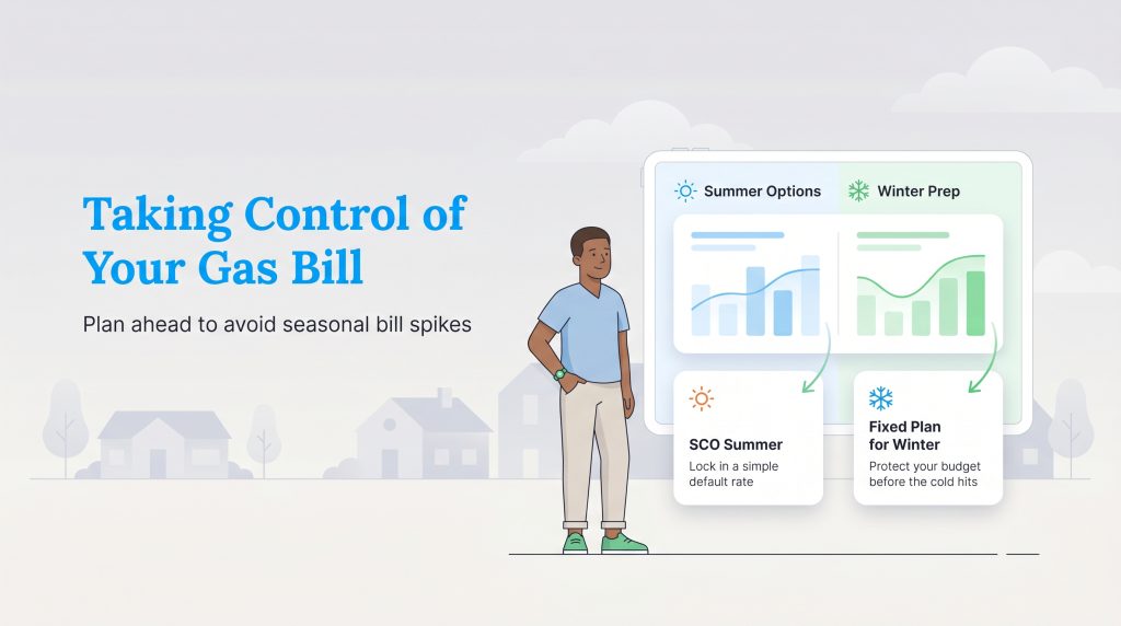 Illustration of a man reviewing summer and winter gas plan options on a large screen.