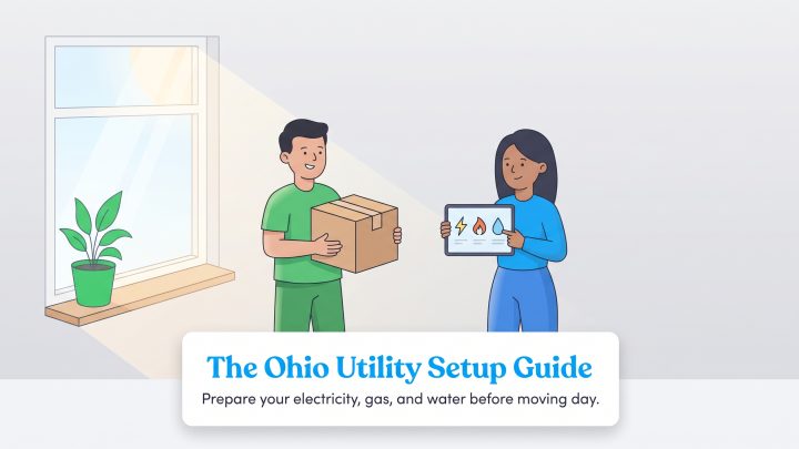 A man holding a box and a woman showing utility icons on a tablet, with text below reading The Ohio Utility Setup Guide.