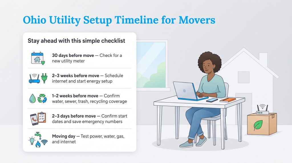 Infographic showing an Ohio utility setup timeline for movers, with five steps from 30 days before the move to moving day.