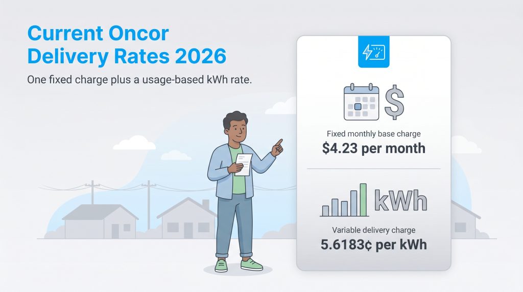 Infographic of Oncor 2026 rates: fixed base charge $4.23/month and variable charge 5.6183¢/kWh.