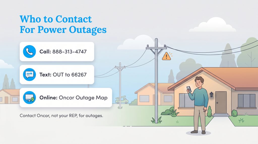 Contact Oncor for power outages: Call 888-313-4747, text OUT to 66267, or use the online Oncor Outage Map.