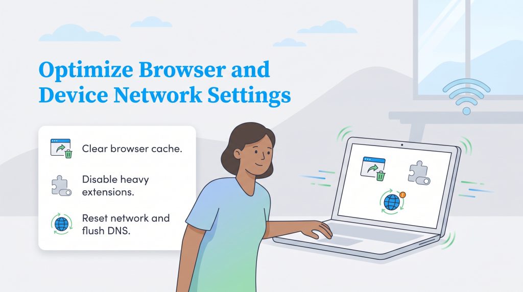 Illustration of a person at a laptop with tips to clear cache, disable extensions, and reset the network.