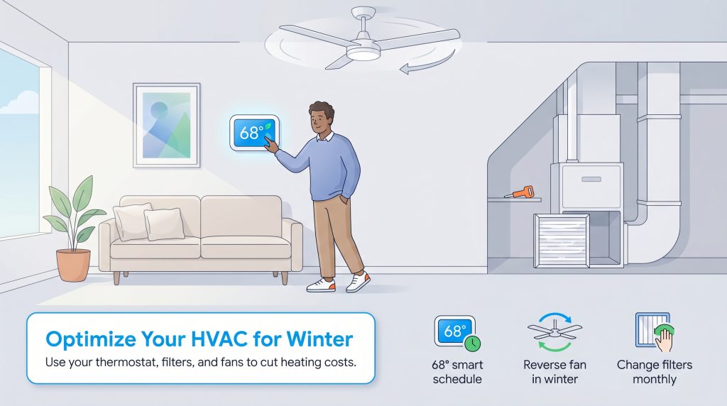 An illustration showing a man adjusting a smart thermostat, with icons for fan reversal and filter changes, promoting HVAC optimization for winter.