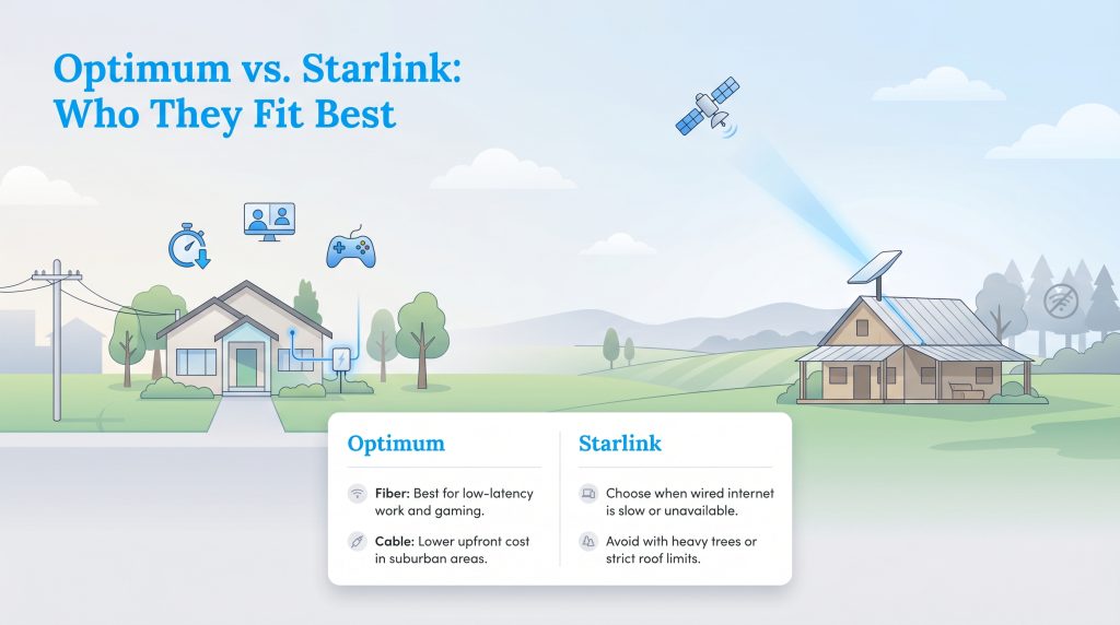 Comparison of Optimum fiber/cable for suburban homes versus Starlink satellite for rural areas.