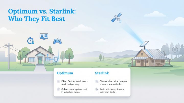 Comparison of Optimum fiber/cable for suburban homes versus Starlink satellite for rural areas.