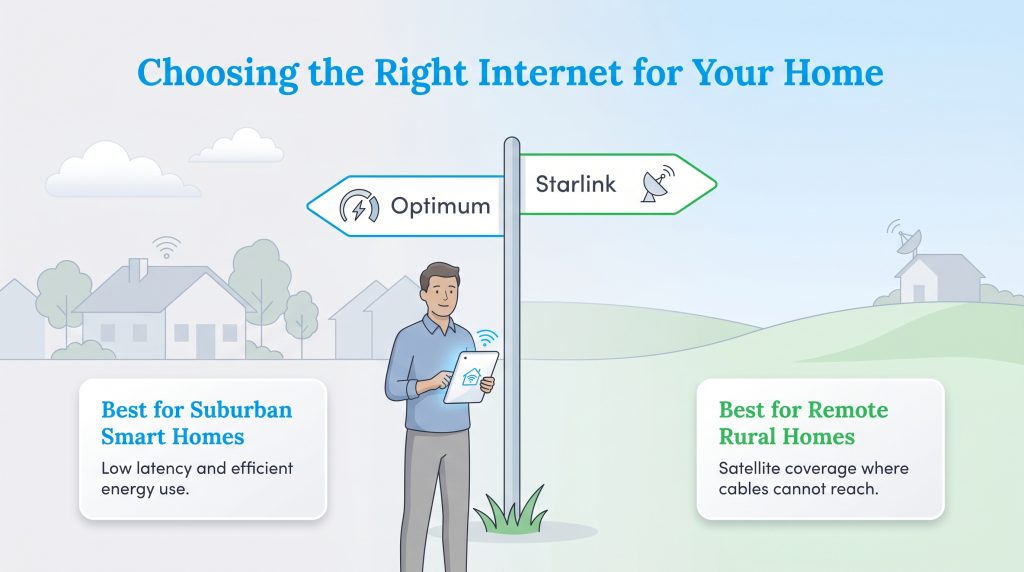 A man at a crossroads with signs pointing left to Optimum and right to Starlink, with text boxes describing their suitability for suburban and rural homes respectively.