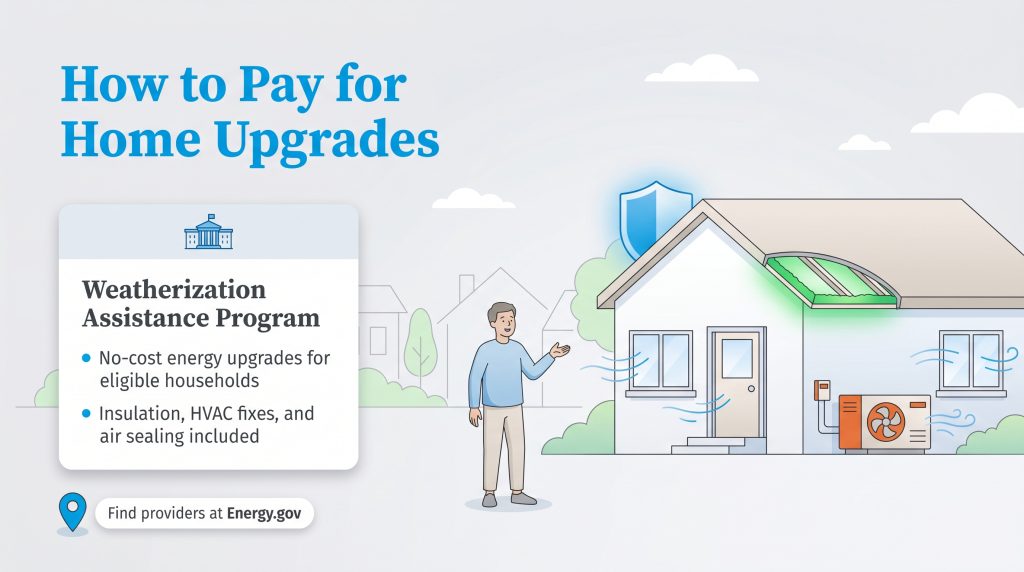 Infographic explaining the Weatherization Assistance Program, which provides free home energy upgrades.
