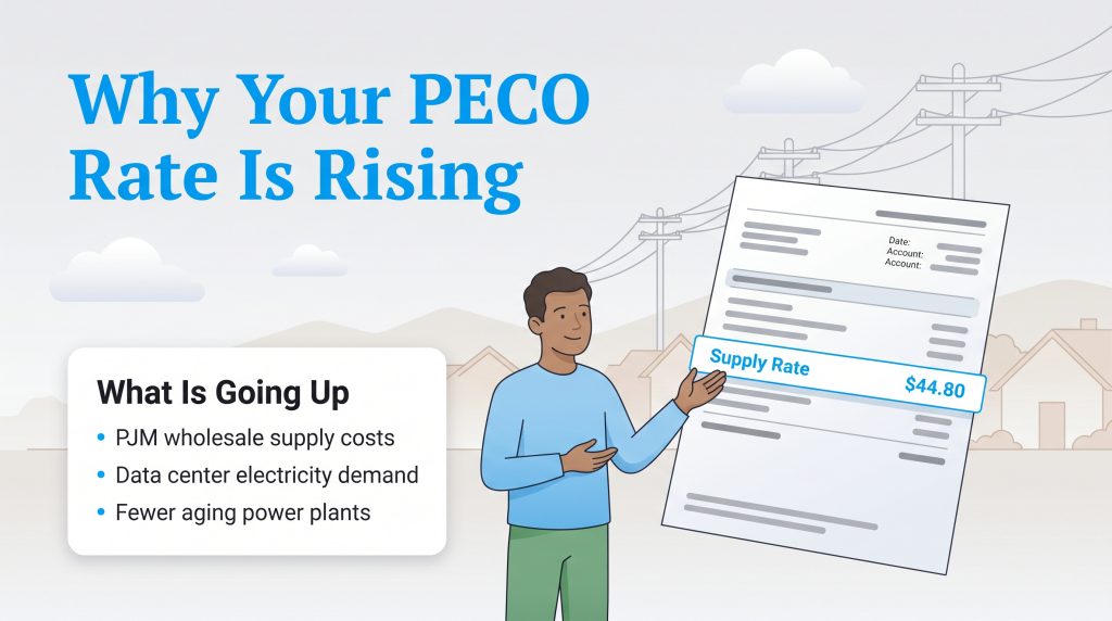 Infographic titled Why Your PECO Rate Is Rising shows a man with a bill and a list of reasons for the increase.