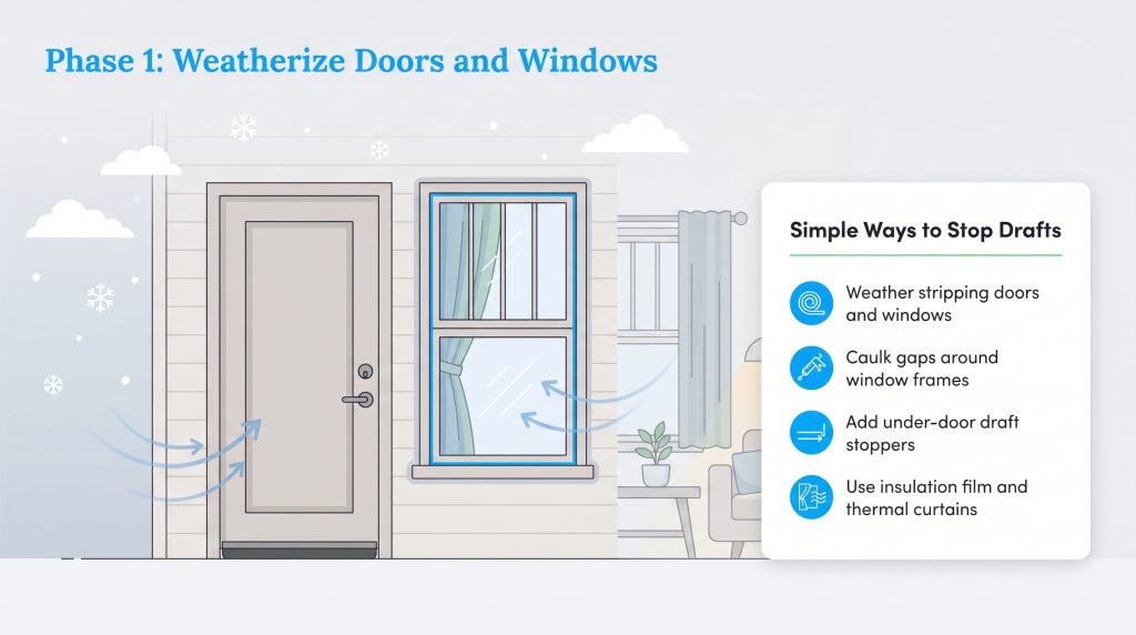 Illustration of a house exterior with a door and window, next to a list of four simple ways to stop drafts.