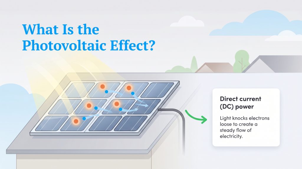 Diagram of the photovoltaic effect, showing sunlight on a solar panel creating DC electricity.