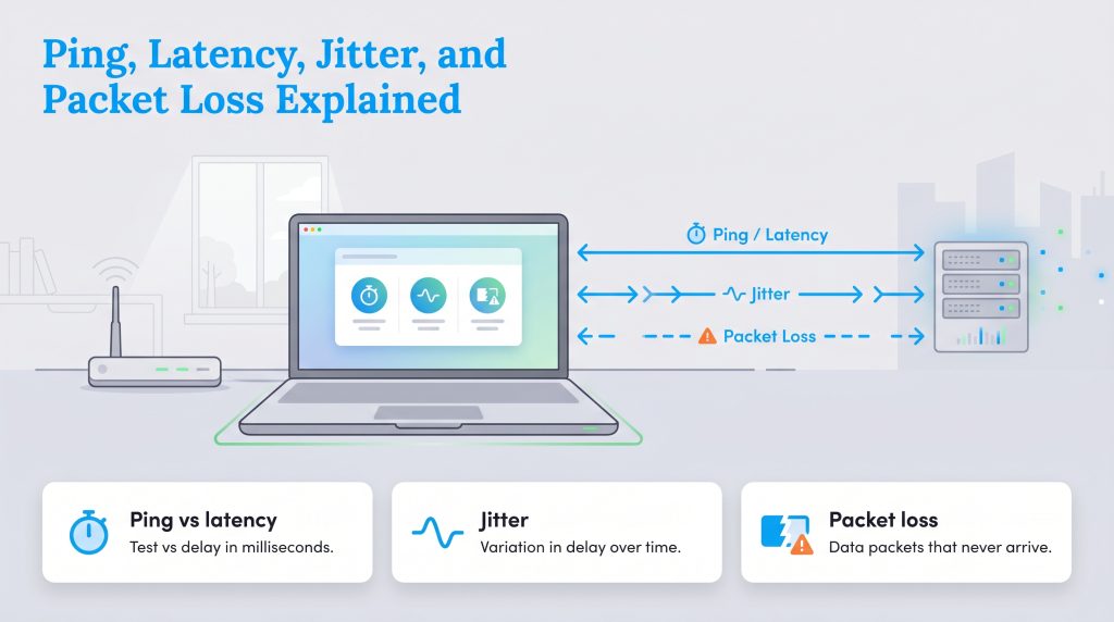 Diagram showing laptop-to-server communication defining ping vs latency, jitter, and packet loss.