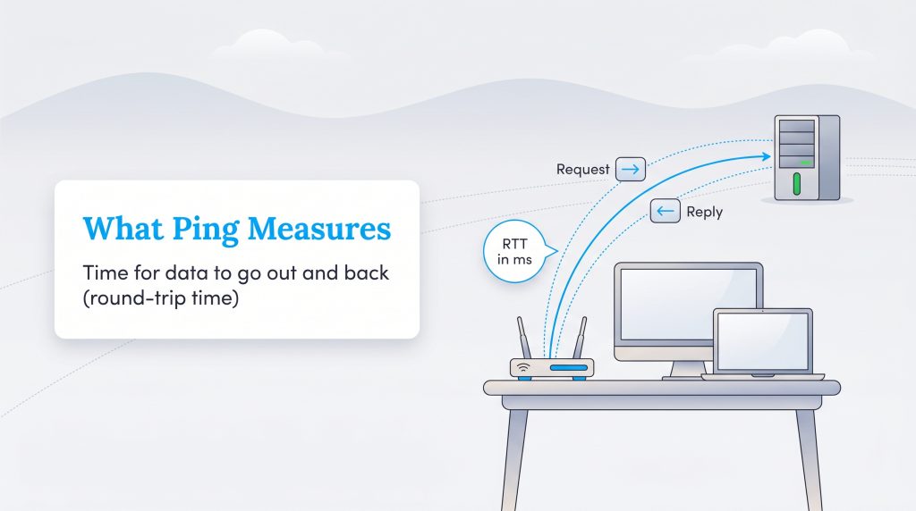 Diagram illustrating ping as the round-trip time (RTT) for a request to travel to a server and back.