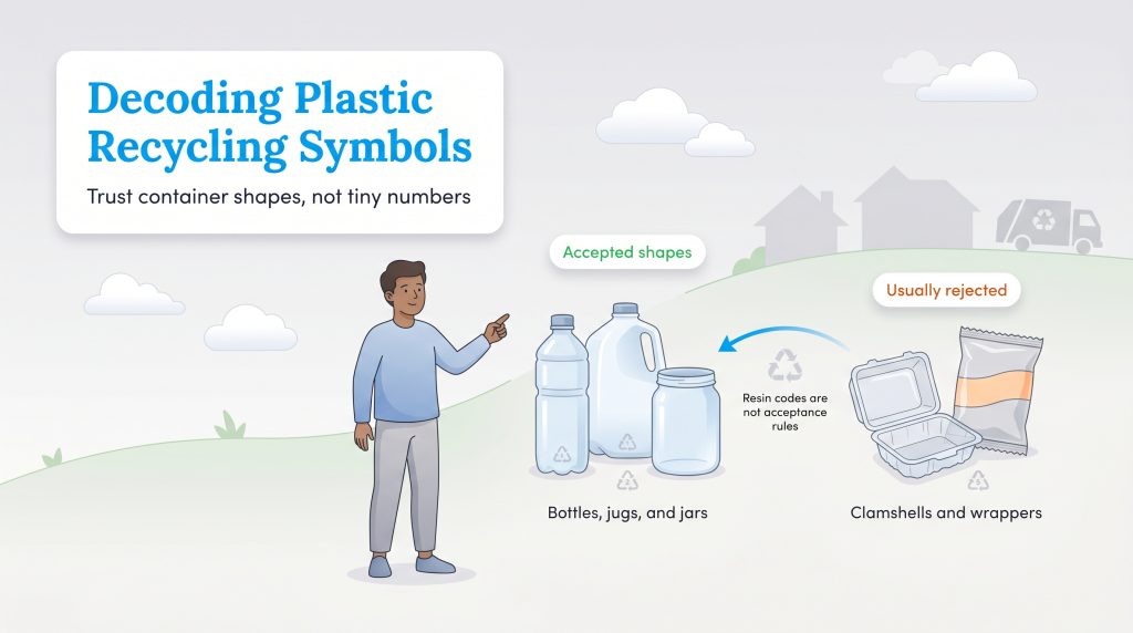 A graphic shows accepted plastic shapes like bottles versus rejected items like clamshells.