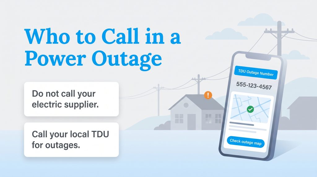 Infographic: Call your local TDU, not electric supplier, for power outages. Shows TDU number on phone.
