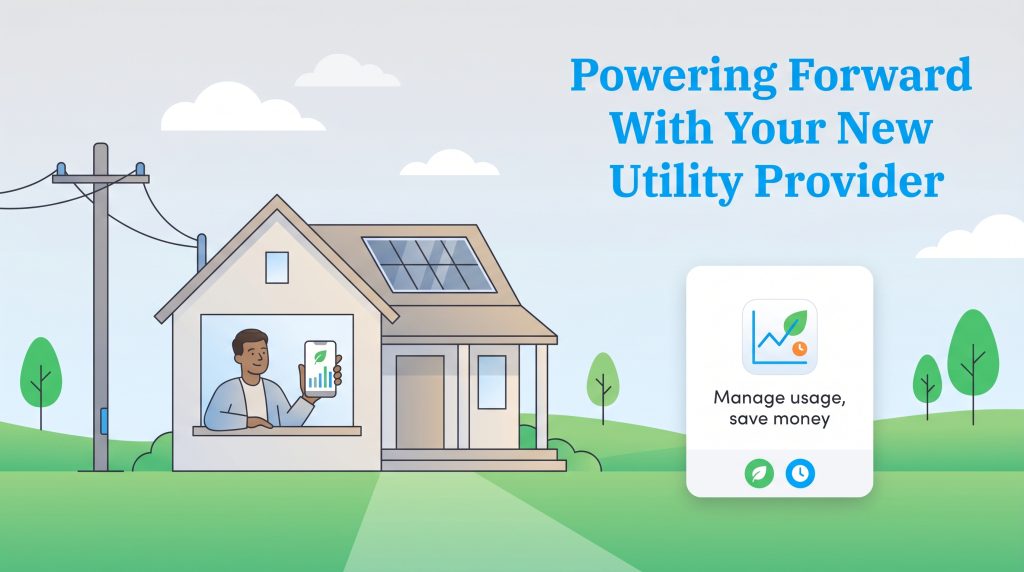 Illustration of a house with solar panels and a man holding a phone app to manage utility usage.