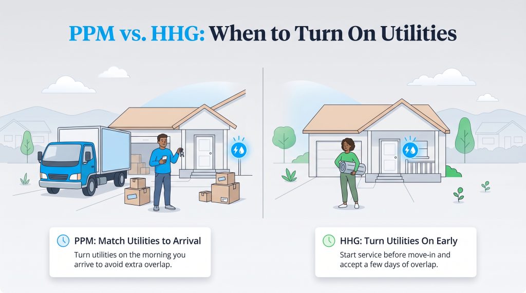 Infographic comparing utility start times: PPM (on arrival) versus HHG (turn on early).