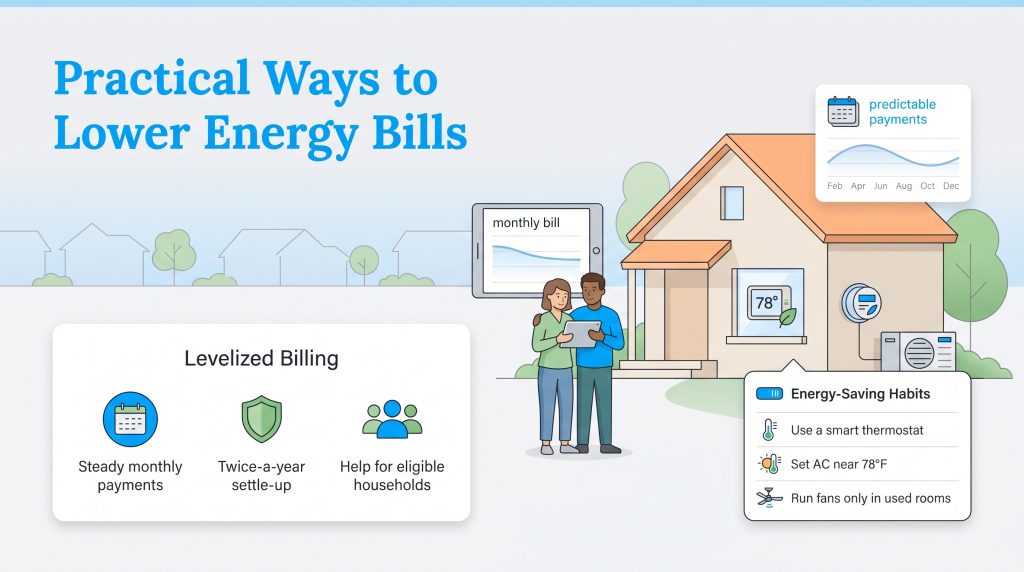 Infographic illustrating practical ways to lower energy bills through levelized billing plans and energy-saving home habits.