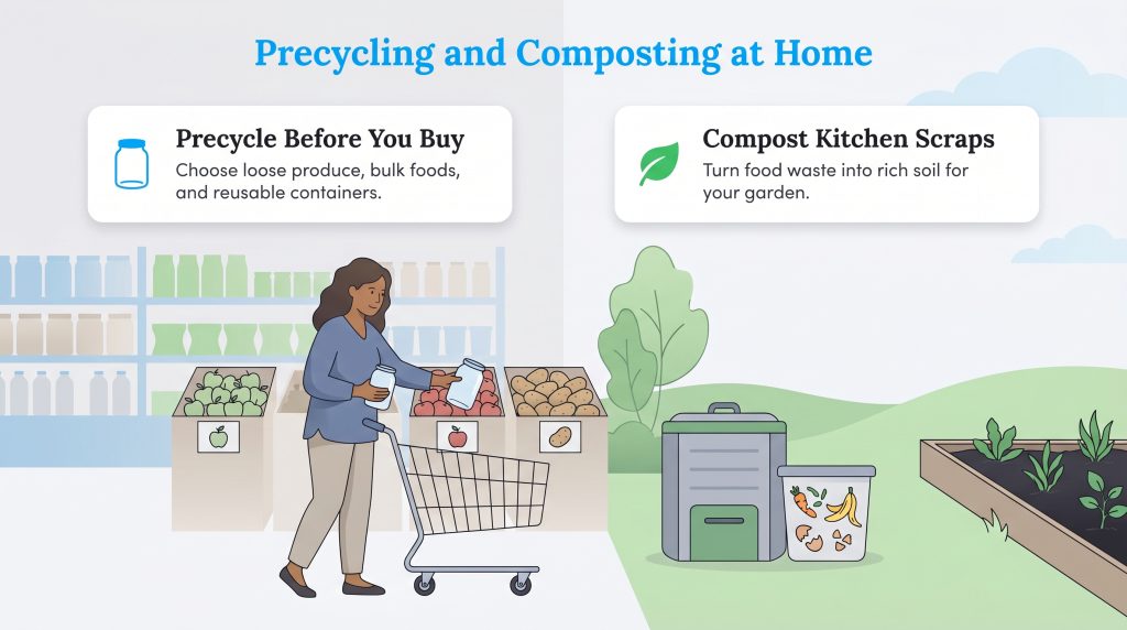 Infographic shows a woman using reusable jars for bulk food and an outdoor compost bin with a garden.