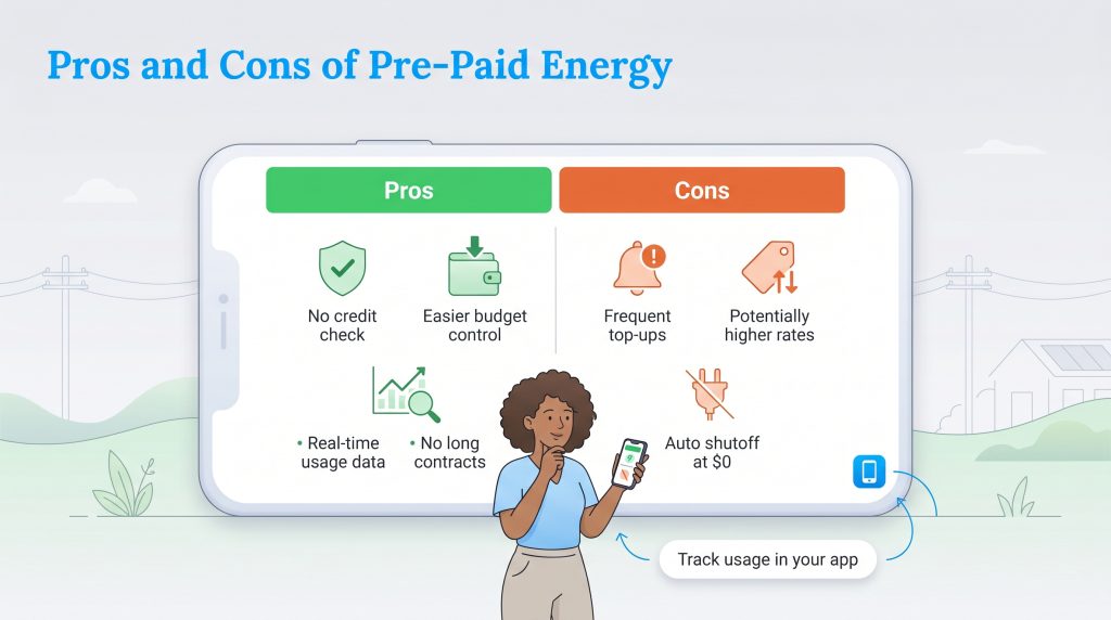 Infographic displaying the pros and cons of pre-paid energy plans on a smartphone screen.