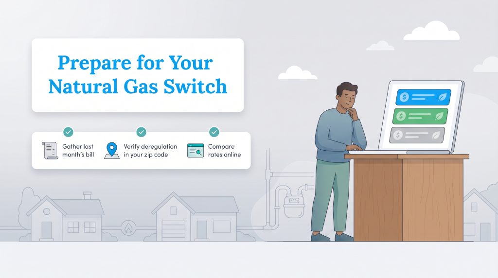 Illustration showing a three-step checklist for preparing to switch natural gas providers.