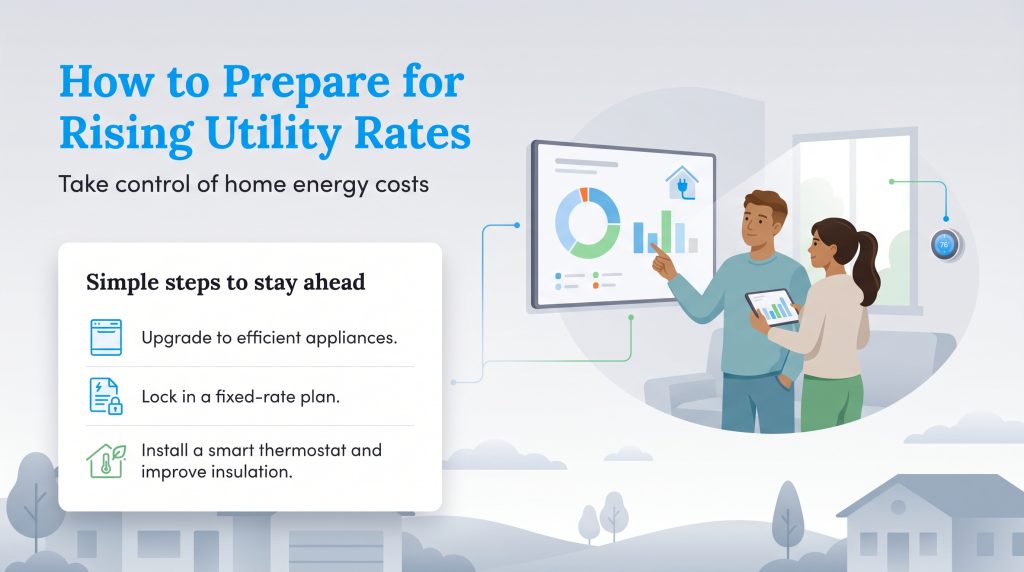 A couple analyzes energy usage on a screen, next to a list of simple steps to prepare for rising utility rates.