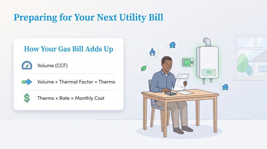 Man at a table calculating his utility bill, next to a flowchart showing gas bill formulas.