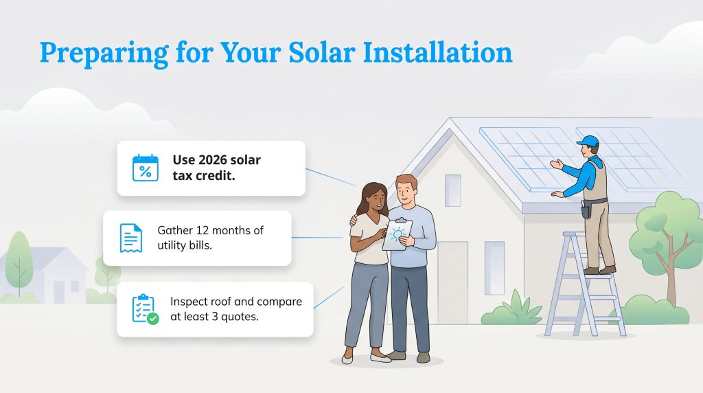 Infographic steps: use 2026 tax credit, gather 12 months bills, inspect roof, compare 3 quotes.