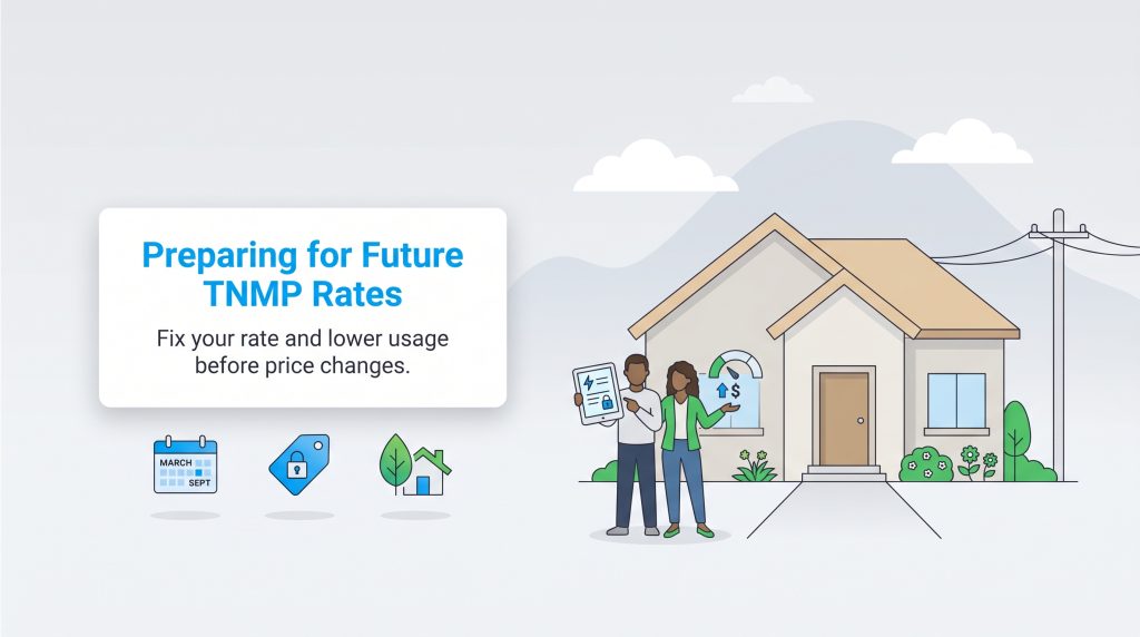 Illustration showing a couple preparing for TNMP rate changes by fixing rates and lowering usage.
