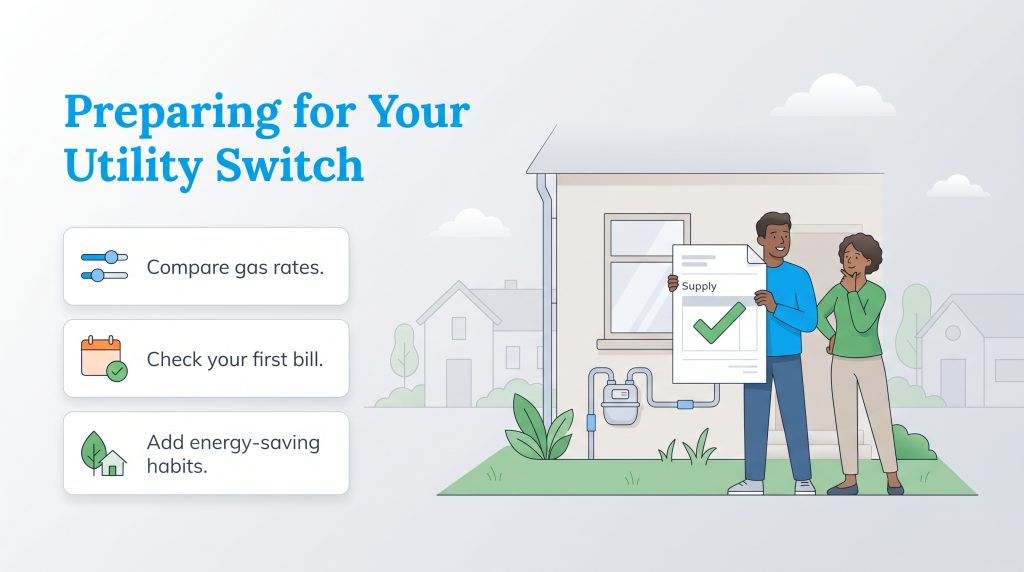 Steps for a utility switch: compare rates, check first bill, and add energy-saving habits.