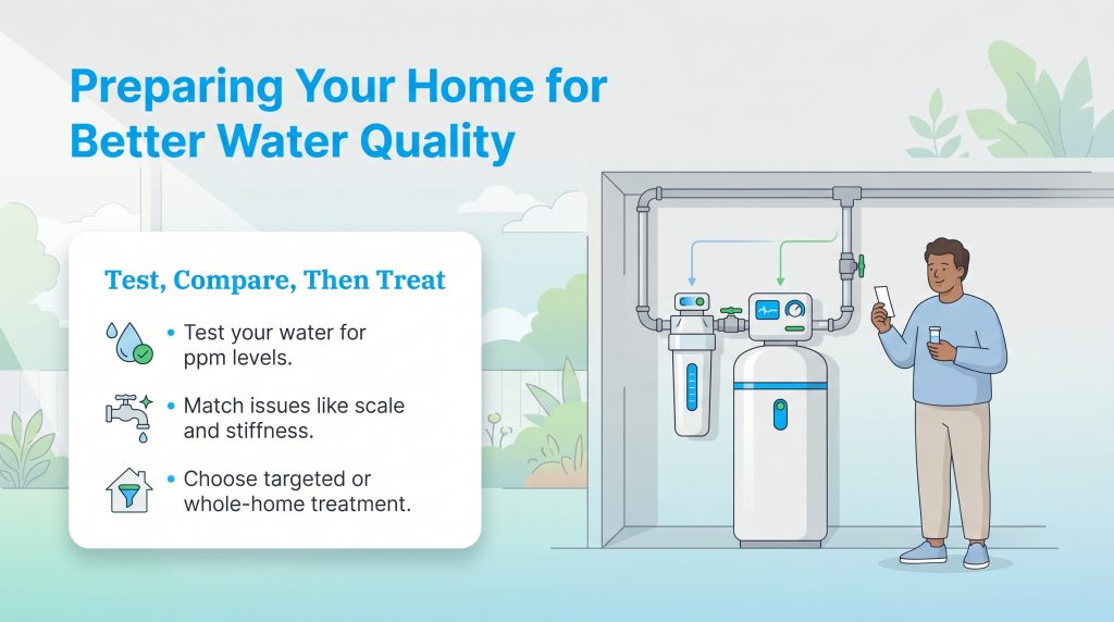 Infographic with steps to test, compare, and treat home water, shown with a man and filtration system.