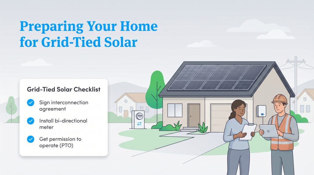 Grid-tied solar checklist: sign agreement, install bi-directional meter, get permission to operate.