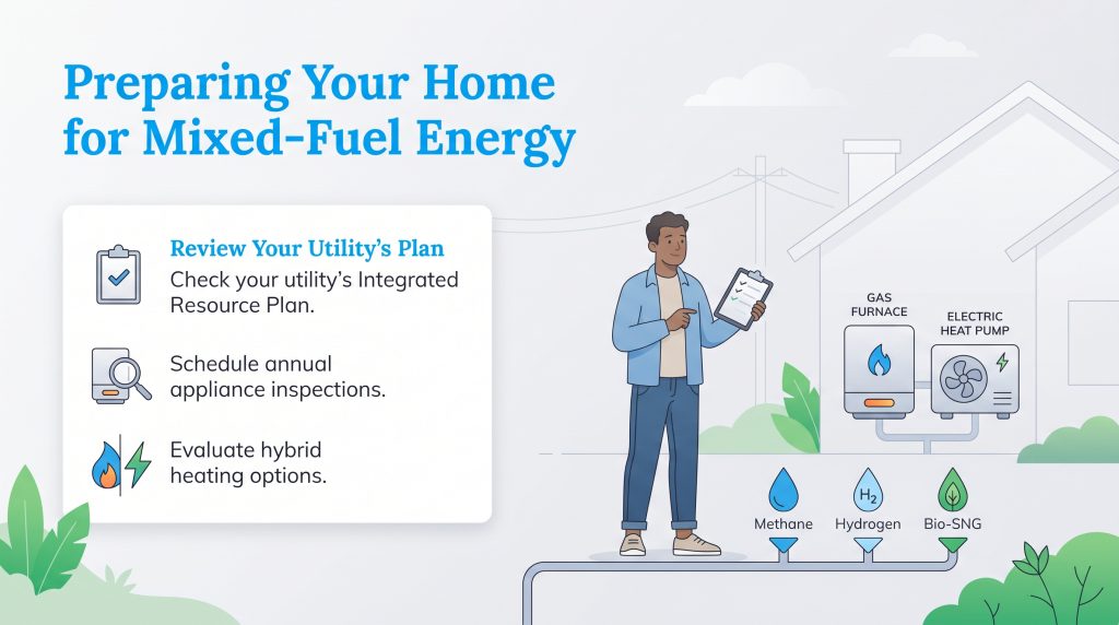 Infographic illustration showing three steps to prepare a home for mixed-fuel utility networks.