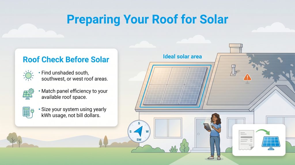 Infographic shows a house with an ideal solar area and a checklist of steps for solar roof preparation.