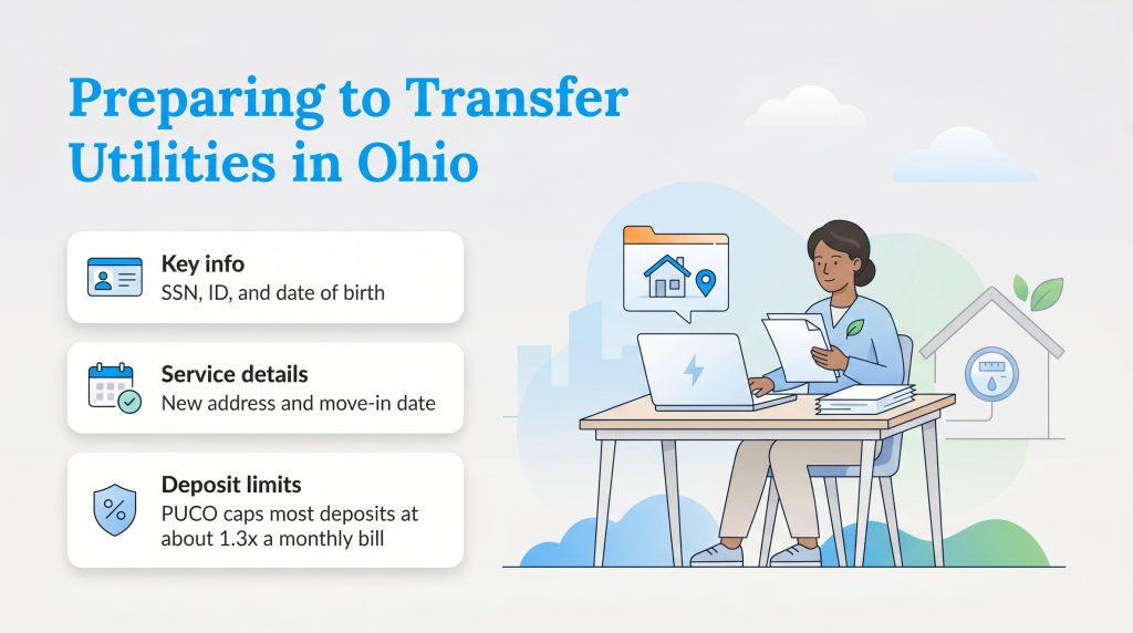 Infographic guide on documents, dates, and deposit limits needed for transferring utilities in Ohio.