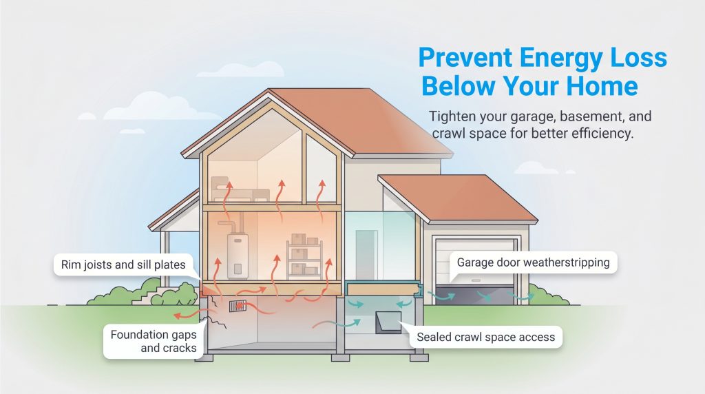 Diagram illustrating how air leaks in the basement and garage rise and cause home energy loss.